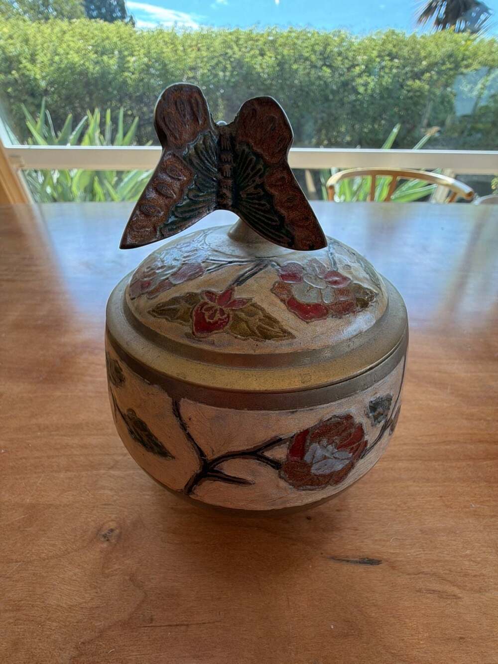 Vintage Solid Brass Lidded Trinket Bowl with Enamel Flower Design and Butterfly